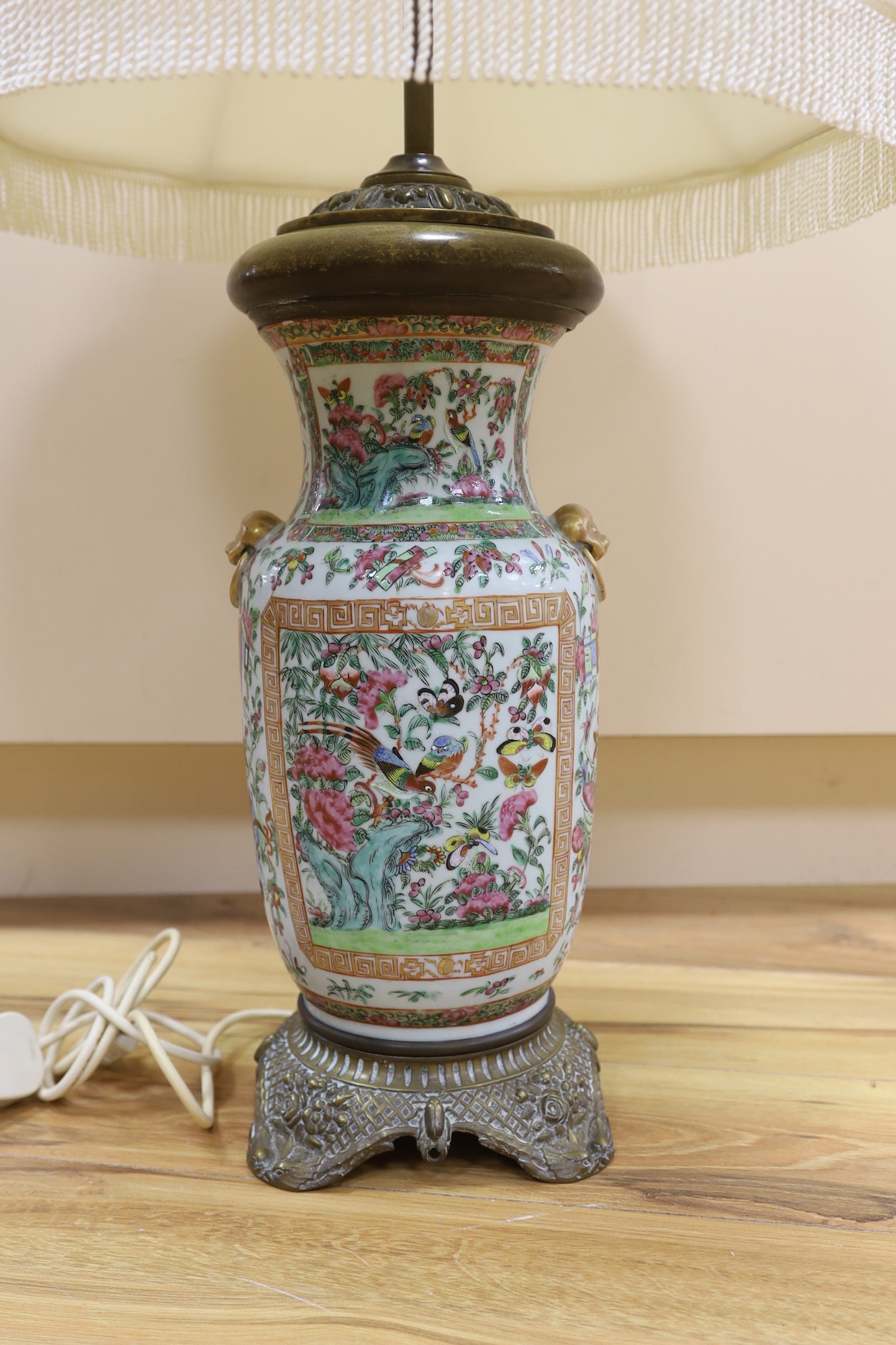 A brass mounted Chinese Canton famille rose porcelain table lamp, 81cm high